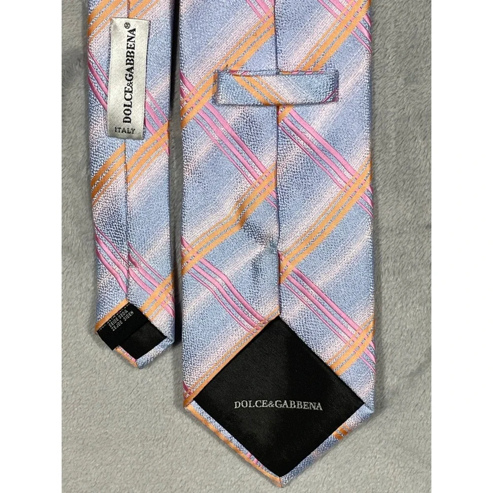 Dolce & Gabbana Mens Silk Tie Blue Pink Orange Diagonal Plaid Italy